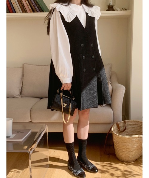 セットアップ ニットシャツ+スカート 2ピース 上品 フリル セットアップ ツーピースセット フリルコットンシャツ