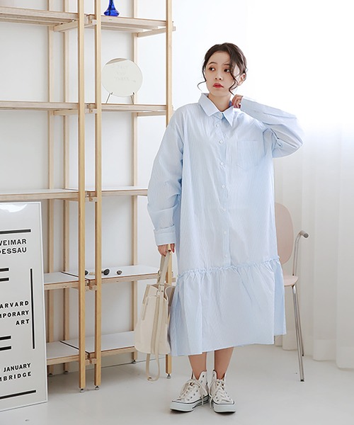 美品✨ styling/ 裾サイドフレア　シャツワンピース 裾フレアシャツマキシワンピース＜大きいサイズ有＞シック
