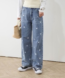 ジーンズ デニム デニムパンツ ハート刺繍ストレートデニム レディース