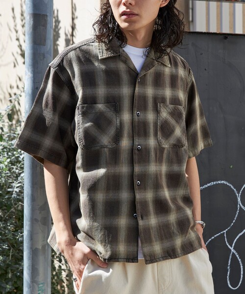 FREAK'S STORE シャツ ブリーチ加工 オープンカラー オンブレ