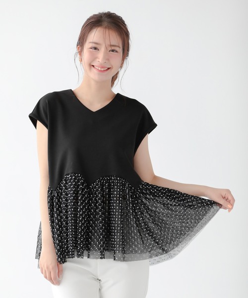 tシャツ ドットチュールドッキングフレンチトップス レディース