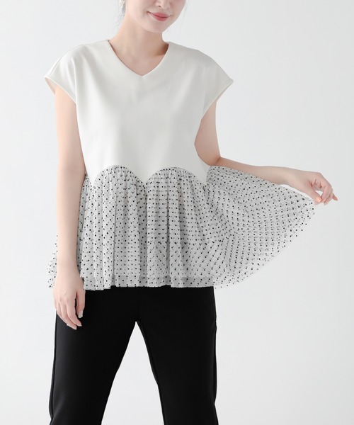 Fit more tシャツ ドットチュールドッキングフレンチトップス