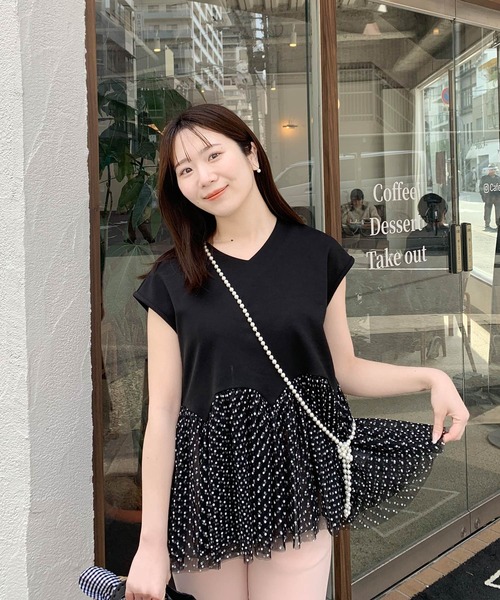 Fit more tシャツ ドットチュールドッキングフレンチトップス