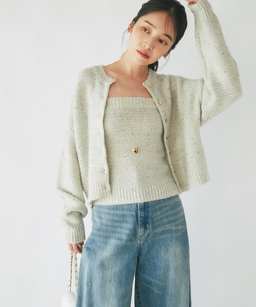 La boutique BonBon パール釦スパンコールラメファーカーディガン 愛されニット】パール釦スパンコールラメファーカーディガン