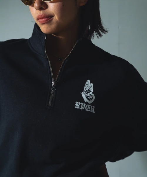 パーカー RVCA レディース JUST FLOATIN HALF ZI パーカー/ルカーロゴバタフライモチーフハーフジップショート丈パーカー レディ
