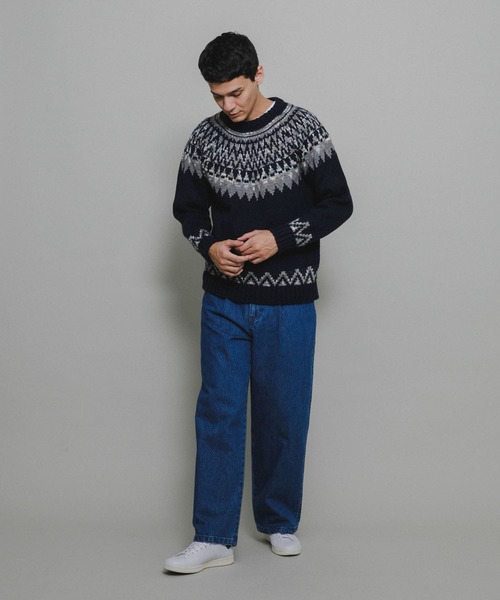 【高級】総柄 ノルディック柄 ラグランニットパーカー ラムウール L【送料無料】 URBAN RESEARCH Sonny Label セーター ニット ノルディック柄