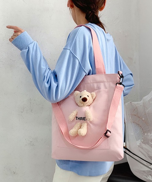 テディベア　くま　bear bag ピンク　トートバッグ　ショルダーバッグ pyornim トートバッグ ベアぬいぐるみ付き推し活ショルダー