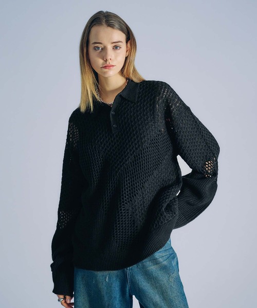 ニット セーター MESH KNIT LOOSE ポロシャツ レディース MESH KNIT LOOSE ポロシャツ（ニット/セーター）｜MOUSSY