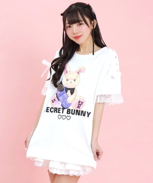 tシャツ 肩レースアップうさぎプリントＴシャツ レディース
