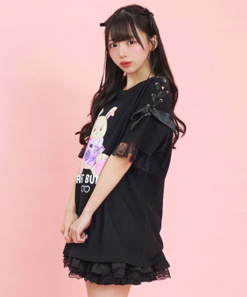 Secret Honey tシャツ 肩レースアップうさぎプリントTシャツ