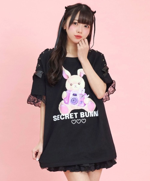 tシャツ 肩レースアップうさぎプリントＴシャツ レディース Secret Honey tシャツ 肩レースアップうさぎプリントTシャツ