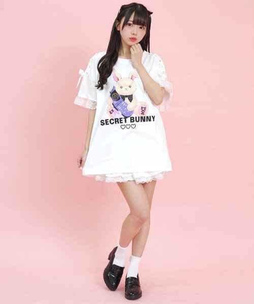 シークレットハニー Secret Honey 肩レースアップオリジナルプリントTシャツ （ホワイト） シークレットハニー Secret Honey 肩レースアップオリジナル