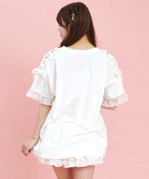 シークレットハニー Secret Honey 肩レースアップうさぎプリントTシャツ （ホワイト） シークレットハニー Secret Honey 肩レースアップうさぎプリント