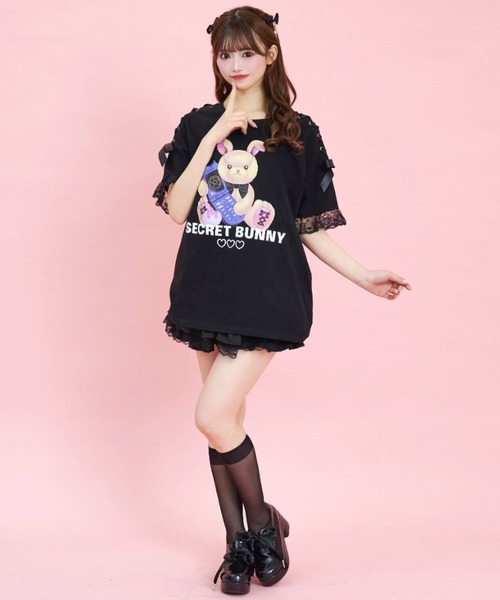 Secret Honey tシャツ 肩レースアップうさぎプリントTシャツ