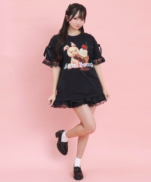 tシャツ 肩レースアップうさぎプリントＴシャツ レディース 肩レースアップうさぎプリントTシャツ（Tシャツ/カットソー