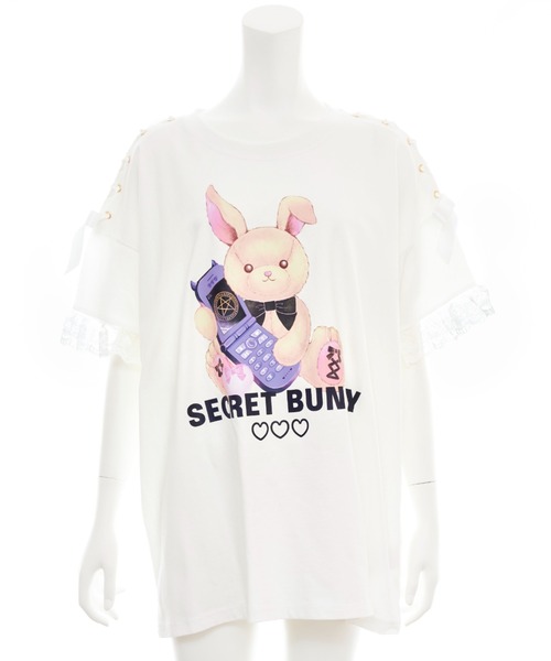 シークレットハニー Secret Honey 肩レースアップうさぎプリントTシャツ （ホワイト） Secret Honey tシャツ 肩レースアップうさぎプリントTシャツ