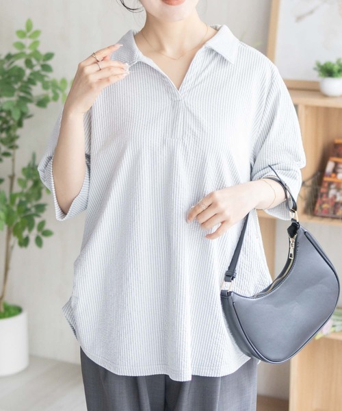 NAVY tシャツ 襟付きスキッパープルオーバー「軽やか素材で涼しげ