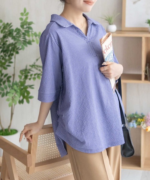 NAVY tシャツ 襟付きスキッパープルオーバー「軽やか素材で涼しげ