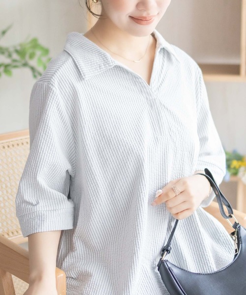 NAVY tシャツ 襟付きスキッパープルオーバー「軽やか素材で涼しげ