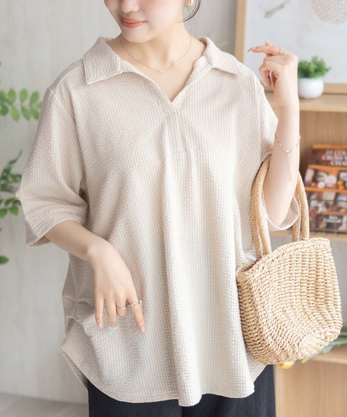 NAVY tシャツ 襟付きスキッパープルオーバー「軽やか素材で涼しげ
