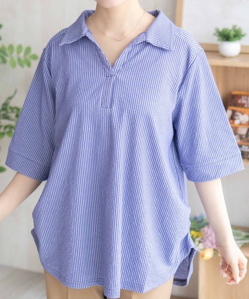 NAVY tシャツ 襟付きスキッパープルオーバー「軽やか素材で涼しげ