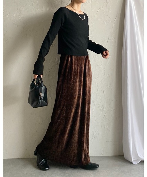 She's Closet ロング スカート Iラインハイウエスト光沢ベロアロング
