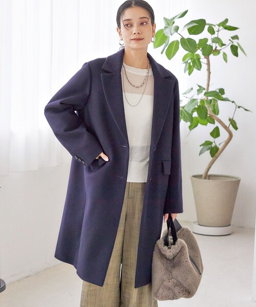 SHIPS　チェスターコート SHIPS Primary Navy Label:ウール メルトン シングル チェスター