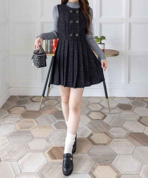 clear ワンピース ツイードプリーツミニワンピース「韓国ファッション