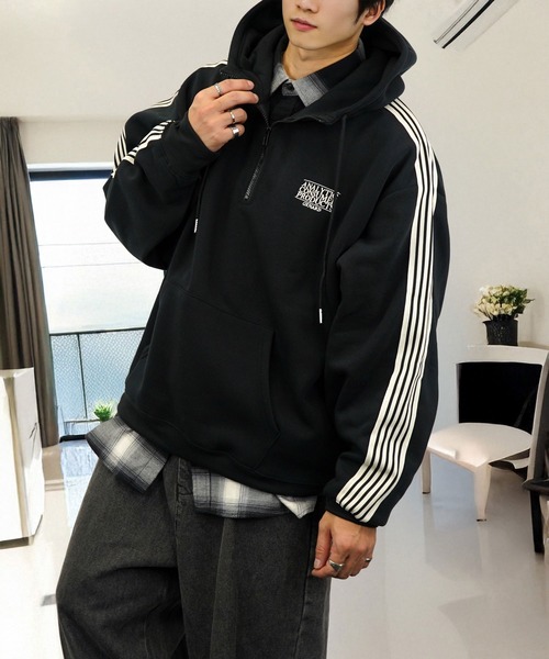 パーカー 裏起毛 ワイド ハーフジップパーカー 長袖 グラフィック