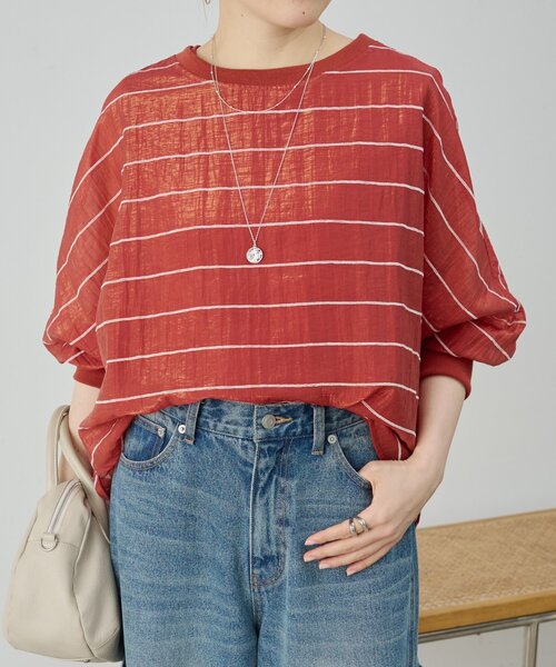 ブラウス シャツ シアーボーダーシャツTee レディースの画像