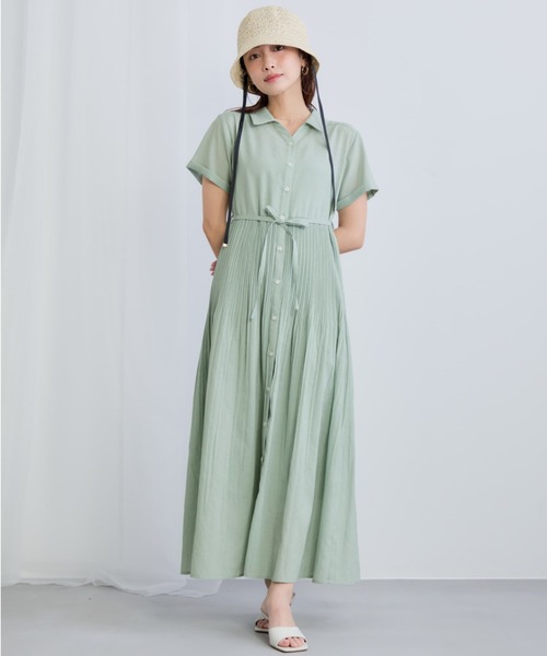 COHINA プリーツシャツワンピース ライトグリーン COHINA（コヒナ） シャツワンピース プリーツシアーワンピース 「低
