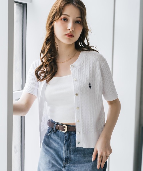 ポロロゴ付きホワイト半袖カーディガン U.S. POLO ASSN.（ユーエスポロアッスン） カーディガン 夏 半袖 W's