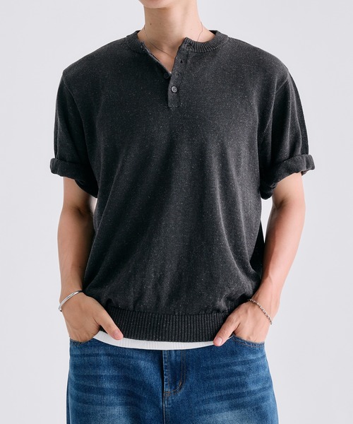 Adoon plain ヘンリーネック tシャツ MELANGE HENRY NECK SUMMER KNIT