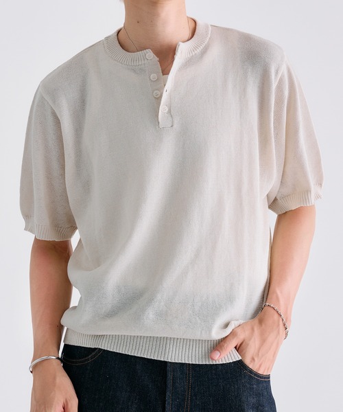 Adoon plain ヘンリーネック tシャツ MELANGE HENRY NECK SUMMER KNIT