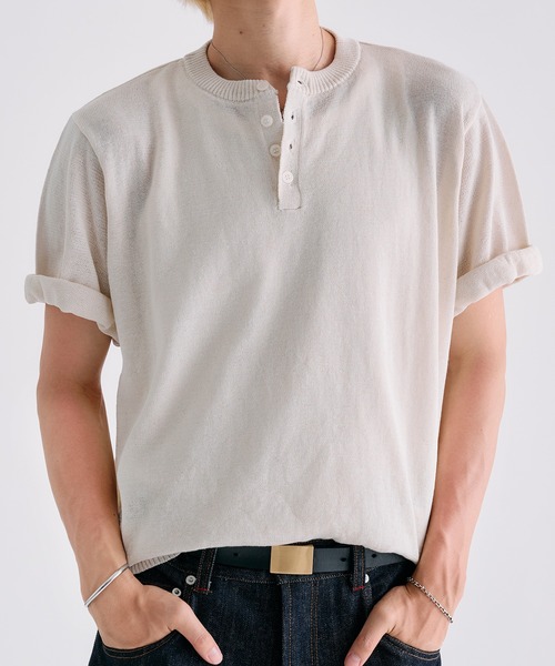 Adoon plain ヘンリーネック tシャツ MELANGE HENRY NECK SUMMER KNIT