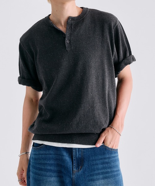 Adoon plain ヘンリーネック tシャツ MELANGE HENRY NECK SUMMER KNIT