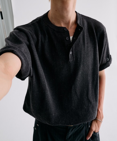 Adoon plain ヘンリーネック tシャツ MELANGE HENRY NECK SUMMER KNIT