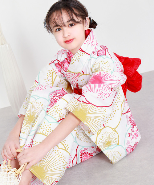 7〜10歳浴衣＋帯＋下駄3点セット KYOETSU 浴衣 女の子 子供 3点セット( + 帯 下駄 ) レトロC