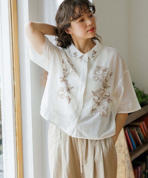 シャツ ブラウス シアーメッシュ刺繍シャツ レディース : 82671396 