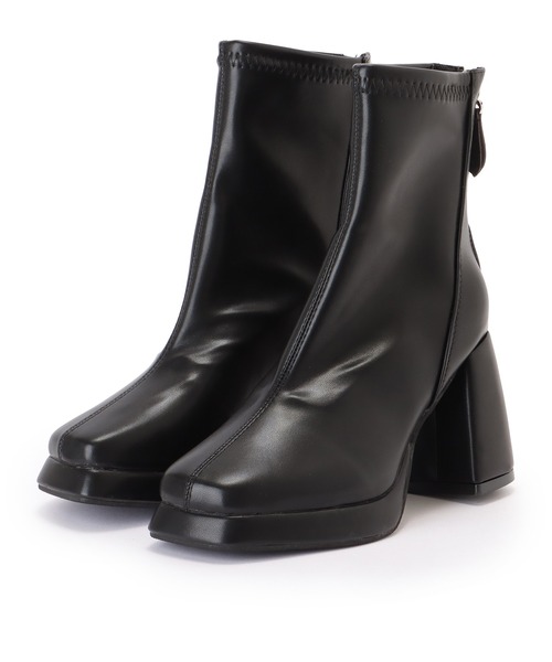 Lace Ladies ブーツ スクエアトゥ レザー調 チャンキー ショート