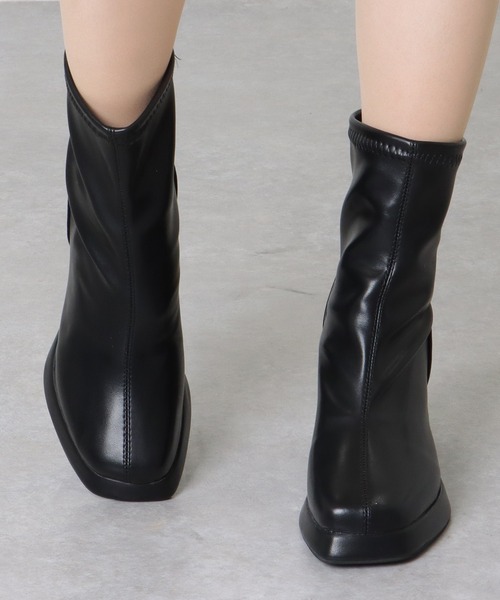 Lace Ladies ブーツ スクエアトゥ レザー調 チャンキー ショート