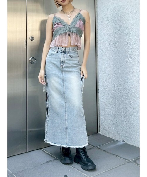 サイドリボンカットロングデニムスカート【セットアップ着用可能