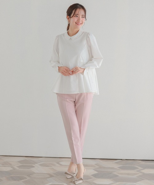 Fit more ブラウス シャツ パール襟ペプラム長袖トップス