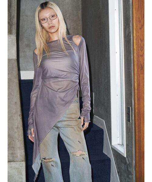 tシャツ 「VEQUM」ASYMMETRY SHEER LONG TOP レディース