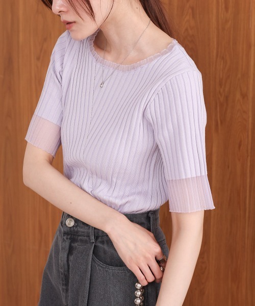 BAB tシャツ シアー使い5分袖リブニットトップス/サマーニット