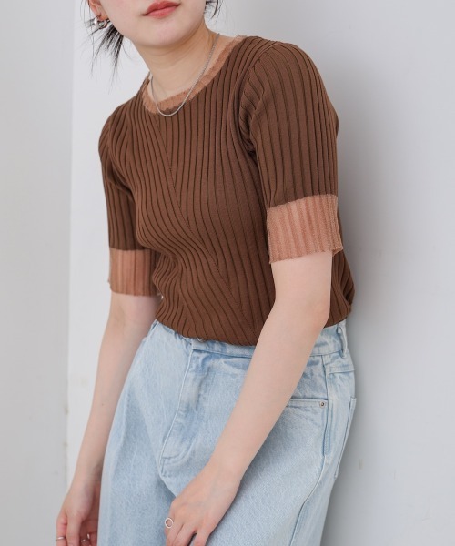 BAB tシャツ シアー使い5分袖リブニットトップス/サマーニット