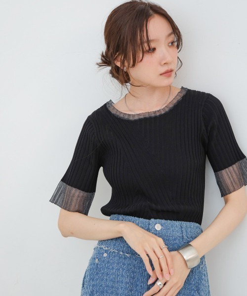 BAB tシャツ シアー使い5分袖リブニットトップス/サマーニット