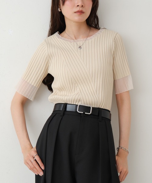 BAB tシャツ シアー使い5分袖リブニットトップス/サマーニット