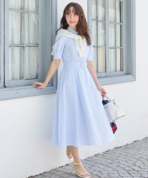 Shilla ストライプ 半袖ワンピース Swingle ワンピース ショルダータックストライプシャツ