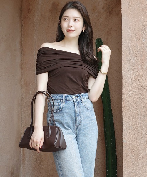 トップス Cooran anuans tシャツ シアーオフショルギャザーカットトップス